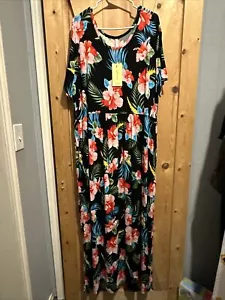 Longyuan Womens Black Flared Sleeve Scoop Neck Floral Print Maxi Dress Size 4XL - Picture 1 of 8