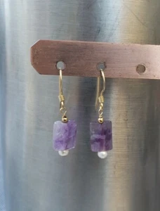 Gold-filled earrings, Amethyst w/freshwater pearl, wire wrapped, handmade - Picture 1 of 2