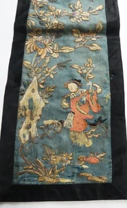 Antique 19th C Chinese hand embroidery long silk/ linen penal 50”1/2 x 8”1/2 - Picture 1 of 13