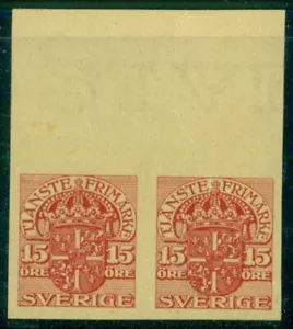 SUECIA #O34, PAR DE PRUEBA naranja 15 orejas papel wmk, sin goma como emitido, color fuerte - Imagen 1 de 1