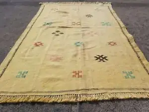Fine Vintage Traditional Hand Made Oriental Wool Yellow Kilim Rug 4.3x2.10ft - Picture 1 of 12