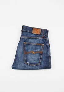 Pantalones de mezclilla 1042 Nudie Slim Jim orgánicos Strikey azul lavado ecológico talla 33/34 - Imagen 1 de 8