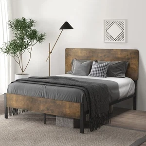 Full Size Metal Platform Bed Frame with Wooden Headboard and Footboard/Rustic... - Picture 1 of 7