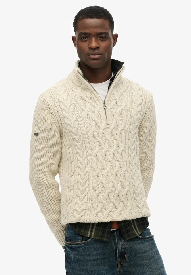 Superdry Jumper Half Zip Cable Knit Long Sleeve Pullover Wool Mix Ecru Cream - Image 1 of 4
