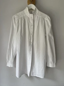 Vintage Nightingales White Cotton High Neck Blouse Victorian Textured Stripe 12 - Picture 1 of 12
