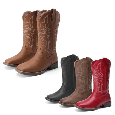 Mujeres Botas Vaqueras Vaqueras Bordadas Punta Cuadrada Medio Pantorrilla Botas Occidentales Foto 1 de 4