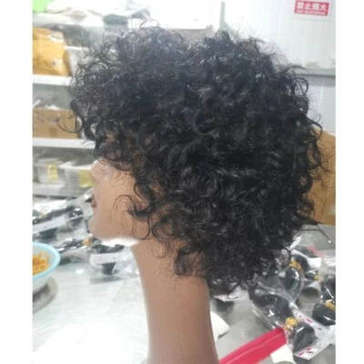 Black color curly Brazilian human hair wigs short pixie cut machine made wigs - Image 1 of 4