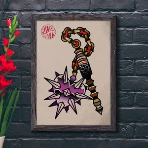 Traditional Pink Chrome Flail - Traditional Flash Medieval Tattoo Art Print - Picture 1 of 3