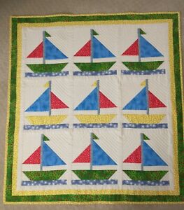 "Sail Boats" Baby Quilt Wall Hanging Throw Quilt 39" x 42.5" 100% Cotton