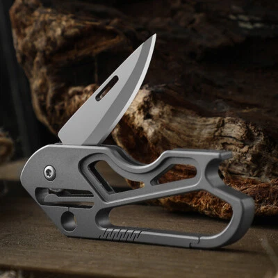 Titanium Knife Belt Pocket EDC Cutter Tool Carabiner Survival Folding Keychain - Image 1 of 4