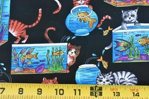 19" Long, Cats & Fish-Bowls on Black Quilt Cotton, Timeless Treasures, P1295 - Picture 1 of 7