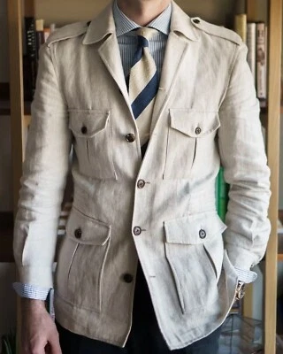 Chaquetas de safari de lino de verano para hombre cuatro bolsillos calce causal ocio abrigos de caza Foto 1 de 4