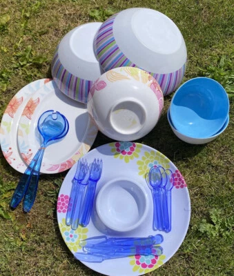 MELAMINE TABLEWARE 5 bowls 2 Large Oval Platters Cutlery Serving Spoons Dip Tray - Image 1 of 4