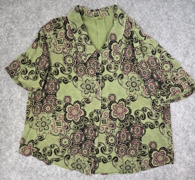 Tianello SS Wendy Blouse 2X Tencel Blend Green Floral Short Sleeve Button Up  - Image 1 of 4