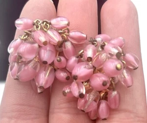 VTG ACCESSOCRAFT Pink Givre Glass EARRINGS SIGNED Clip On - Picture 1 of 7