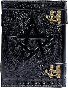700 Page Pentagram Leather Journal Antique paper Grimoire 10"x7" Hand Embossed - Picture 1 of 5