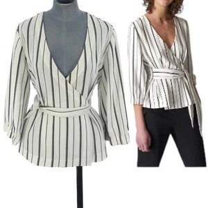 Whistles Wrap Blouse Striped Black White Belted LIANNE  Deep V Neck Size S - Picture 1 of 19