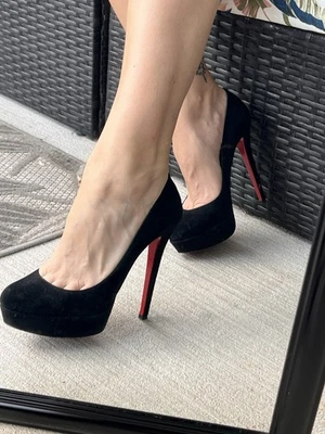 Christian Louboutin Black Suede Platform Pumps with Red Bottoms Bianca Sz 39 - Image 1 of 4
