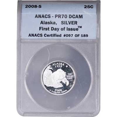 2008-S Silver Alaska State Quarter - Proof ~ ANACS PR70 DCAM - FDOI - Image 1 of 2