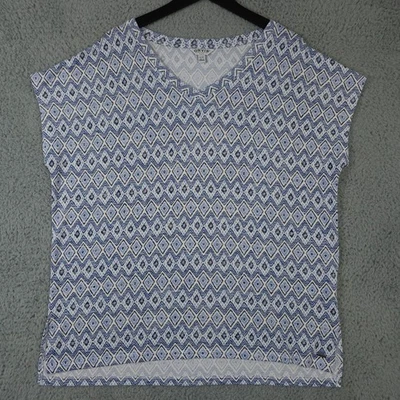 Camisa Orvis Colección Clásica Mujer XL Azul Blanco Geométrica Manga Gorra Cuello en V Foto 1 de 4