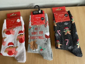 3 X Festive Christmas Pairs Socks 4-7 New Look - Picture 1 of 4