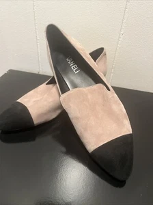VANELi Felicity Cap Toe Shoe Suede Grosgrain and chain heel Loafers Tan/Black 6M - Picture 1 of 8