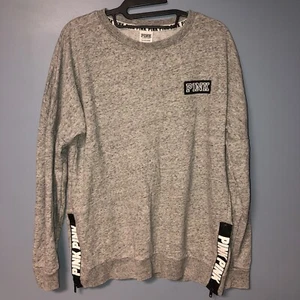 Victoria Secret/PINK crewneck sweatshirt heather gray big logo spellout sz Small - Picture 1 of 9