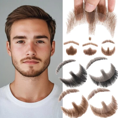 Men Fake Beard 100% Human Hair Realistic Mustache Full Lace Invisible Beards - Image 1 of 4