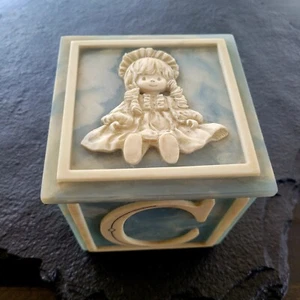 Vtg Powder Blue Soapstone Child Girl Doll ABCD Trinket Keepsake Box 6x6 - Picture 1 of 8