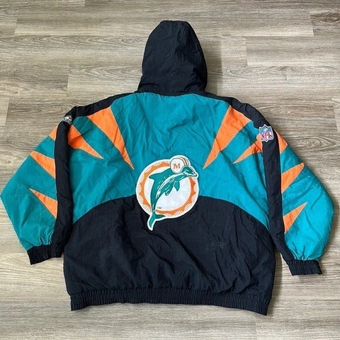 VINTAGE 90S MIAMI DOLPHINS NFL APEX SHARK TOOTH HOODED QUILTED JACKET MENS XL Cover