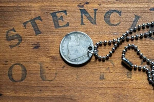 Original Antique 1854 Arrows Silver Seated Liberty Quarter Necklace Keychain - Picture 1 of 2