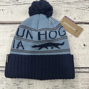Kids Patagonia Powder Town Polyester Knit Pom Beanie NWT Light Blue Navy Blue - Picture 1 of 3