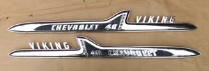 1958 Chevy Truck VIKING 40 Front FENDER EMBLEMS Original GM NAME PLATES pair + - Picture 1 of 24