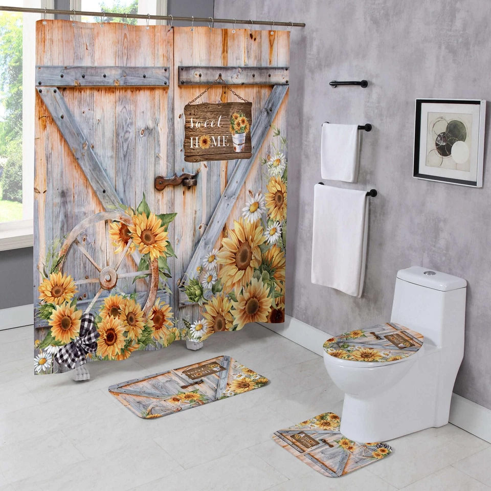 Juego de 4 cortinas de ducha de girasol con alfombras rústicas puerta de granero juego de baño H... Foto 1 de 4