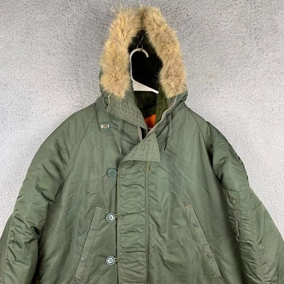 Vintage Military Flying Jacket Type N-3B Parka Green Size Large Fur Hood Coat - Image 1 of 4