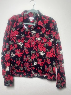 Christopher Banks Red Black Floral Print Denim Jacket Women’s Cotton Timeless XL - Image 1 of 4