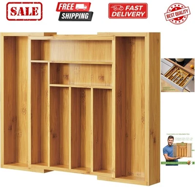 Бамбуковый органайзер для столовых приборов, расширяемый поднос для столовых приборов, ящик для посуды организовать... - Изображение 1 из 4