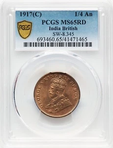India - 1917-C George V 1/4 Anna - PCGS MS65RD - BOLD RED COLOR! - Picture 1 of 2