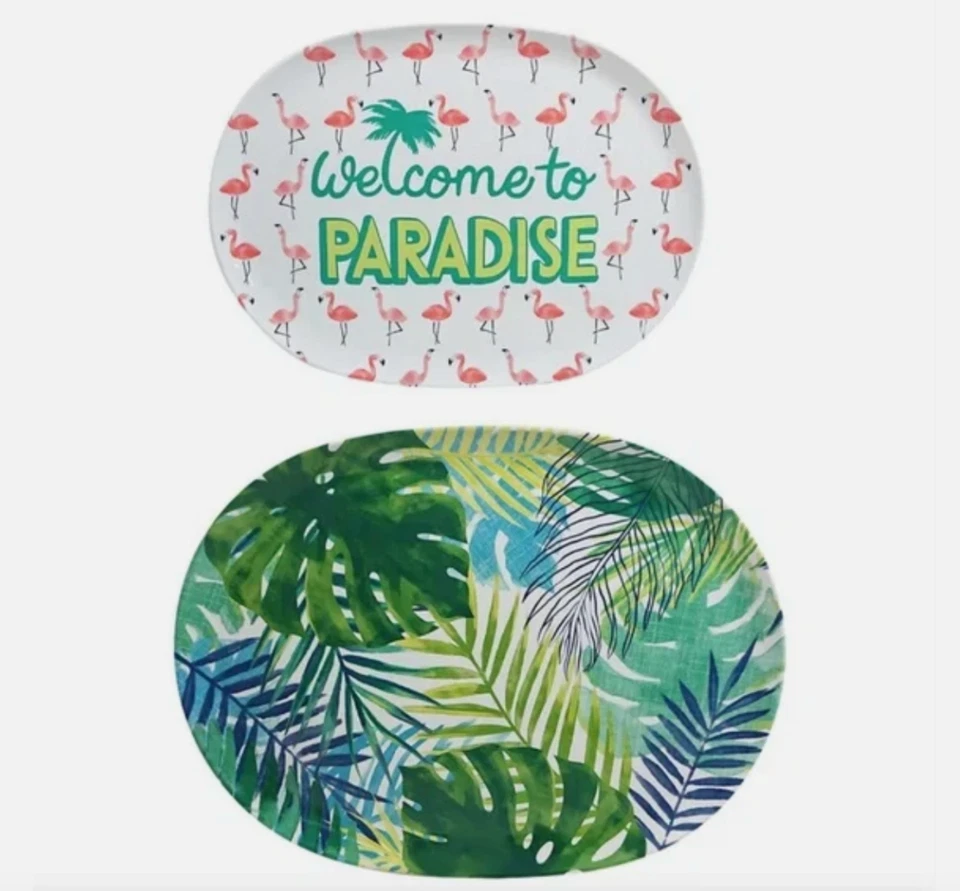 2 Party Serving Trays Flamingo Palm Leaf  Welcome to Paradise 2 Sizes NWT - Image 1 of 2
