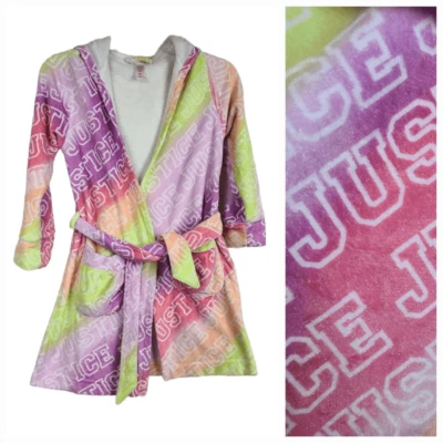 Justice Girls 10 Plush Faux Fur Hooded Robe Sparkle Rainbow Fleece Soft Bathrobe - Image 1 of 4