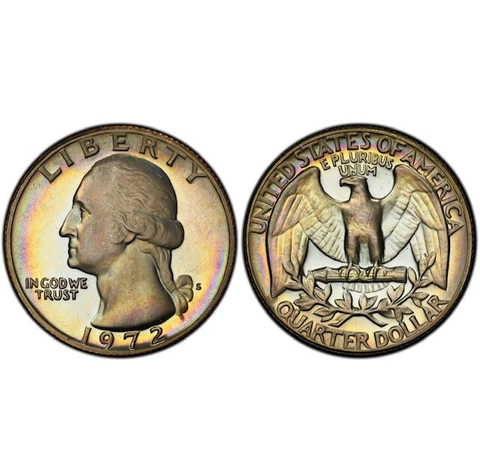 PR67+ 1972-S 25C Washington Proof Quarter, PCGS SSecure- Rainbow Album Toned Cover