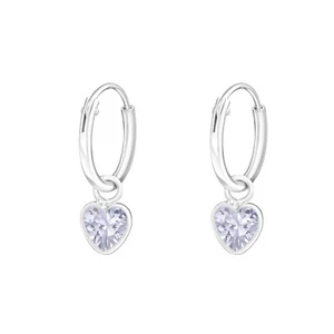 925 Sterling Silver Hoop Sleeper Earrings with Lavender Cubic Zirconia Heart - Picture 1 of 1