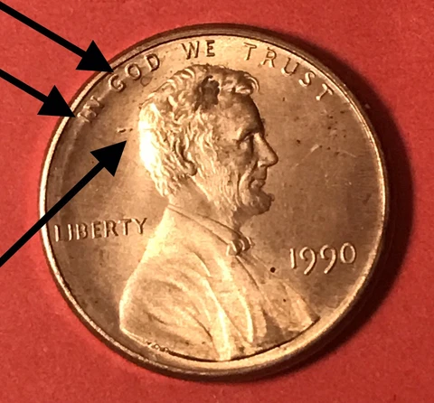 1990 Lincoln Penny No Mint Mark Rim Error - Bubbling Adverse  Cover