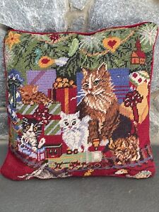 Needlepoint Throw Pillow Christmas Holiday Cat Themed Approx 12 X 12 Adorable