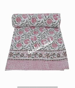 Indian Kantha Twin Quilt Handmade Hand Block Reversible Bedspread Blanket Throw