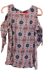 Together Size 12 Pink Blue Multi Print Crinkle Cold Shoulder Tie Sleeve TOP - Picture 1 of 2