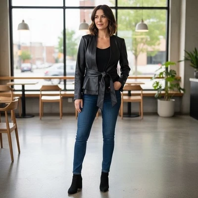 G.I.L.I. Chaqueta Peplum de cuero sintético negra XS gancho y ojo, cinturón de corbata, agotado QVC Foto 1 de 4