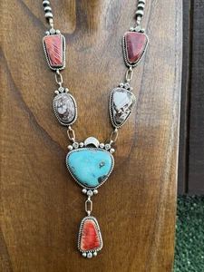 Collar Navajo Plata Esterlina Multi Piedra Turquesa Perlas Lariat Cuentas RY - Imagen 1 de 12