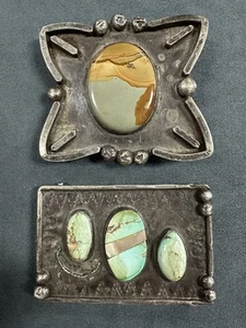 Signed ELC Sterling Silver Turquoise Abalone Belt Buckles - Picture 1 of 10