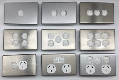 Slim Double GPO Outlet Light Switch Plate + Silver Cover Metal Stainless Steel - Image 1 of 4